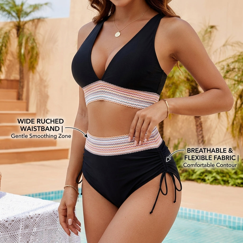 CurveCraft™ – High-Waist Tummy-Smoothing Bikini Set with Ruched Drawstring Bottom