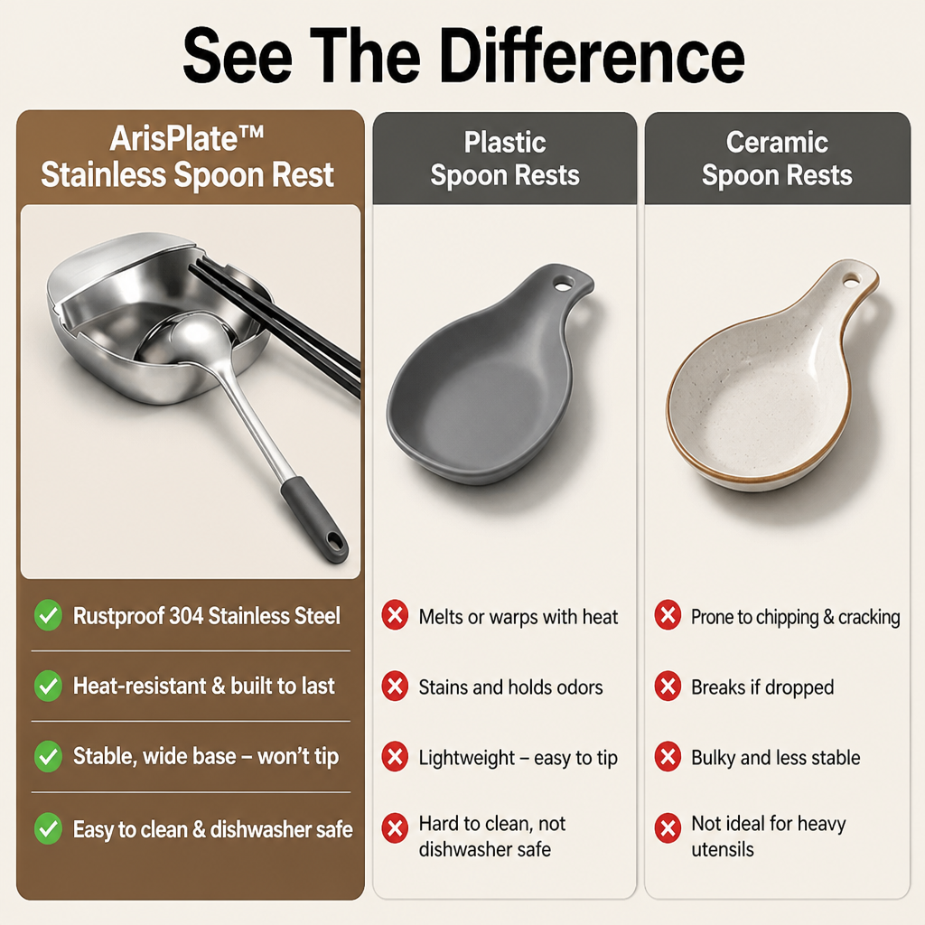 ArisPlate™ Stainless Spoon Rest — Keep Every Counter Spotless and Stress-Free While You Cook