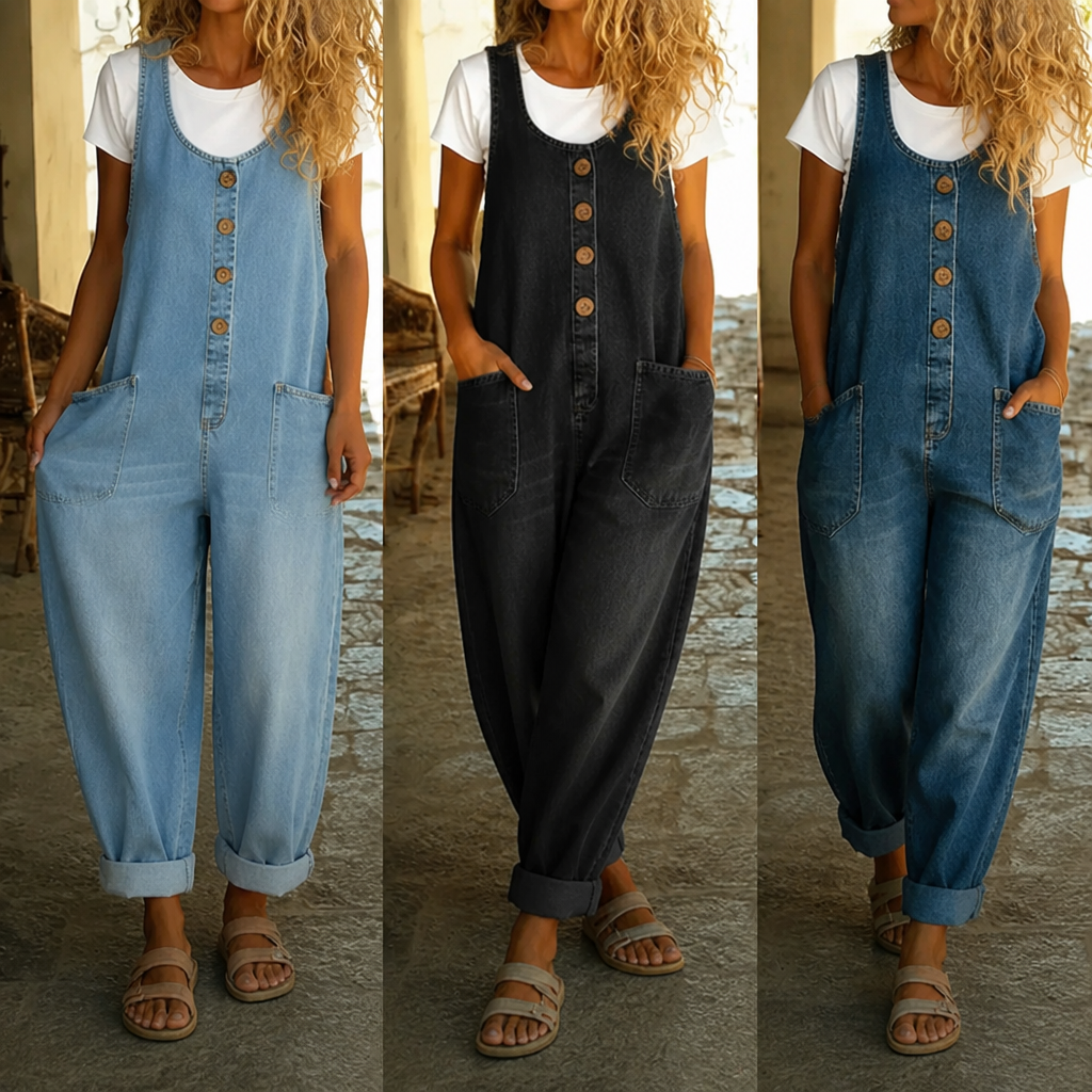 VelaStream™ – Relaxed Button-Front Denim Jumpsuit with Roomy Pockets