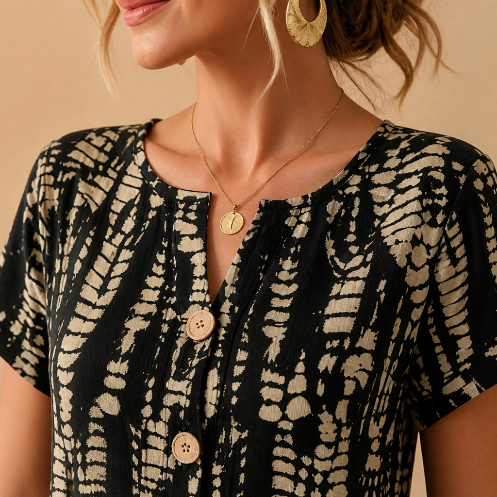 VelaMuse™ – Relaxed Button-Front Abstract Print Swing Dress with Pockets