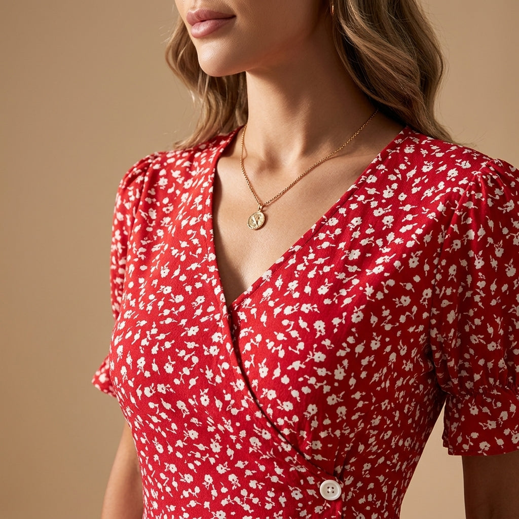 SeraphineAura™ – Ditsy Floral Wrap Midi Dress with Ruched Tulip Hem