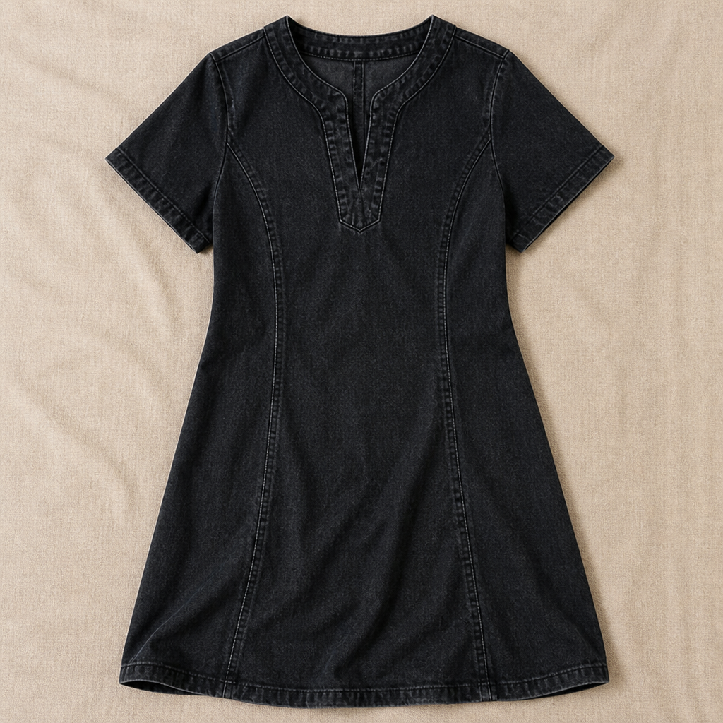 VarelaChic™ – Relaxed V-Neck Denim Shift Dress with Pockets