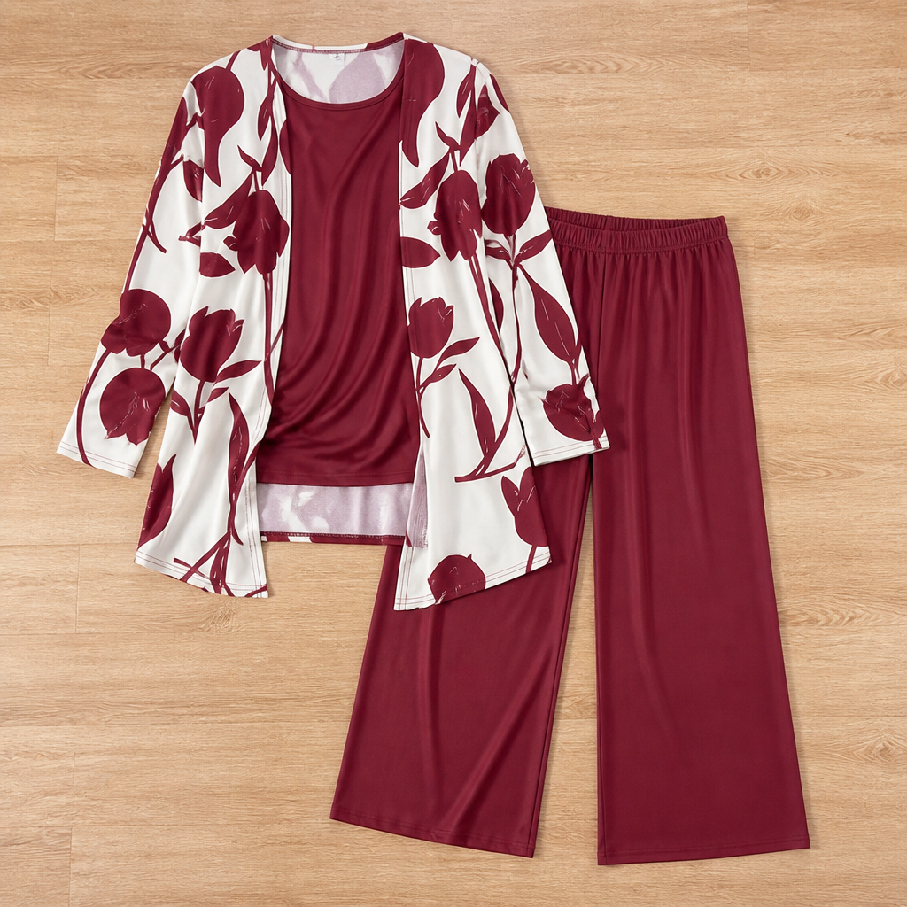 AuraLuxe™ – Elegant Floral Cardigan & Wide-Leg Pant 3-Piece Set