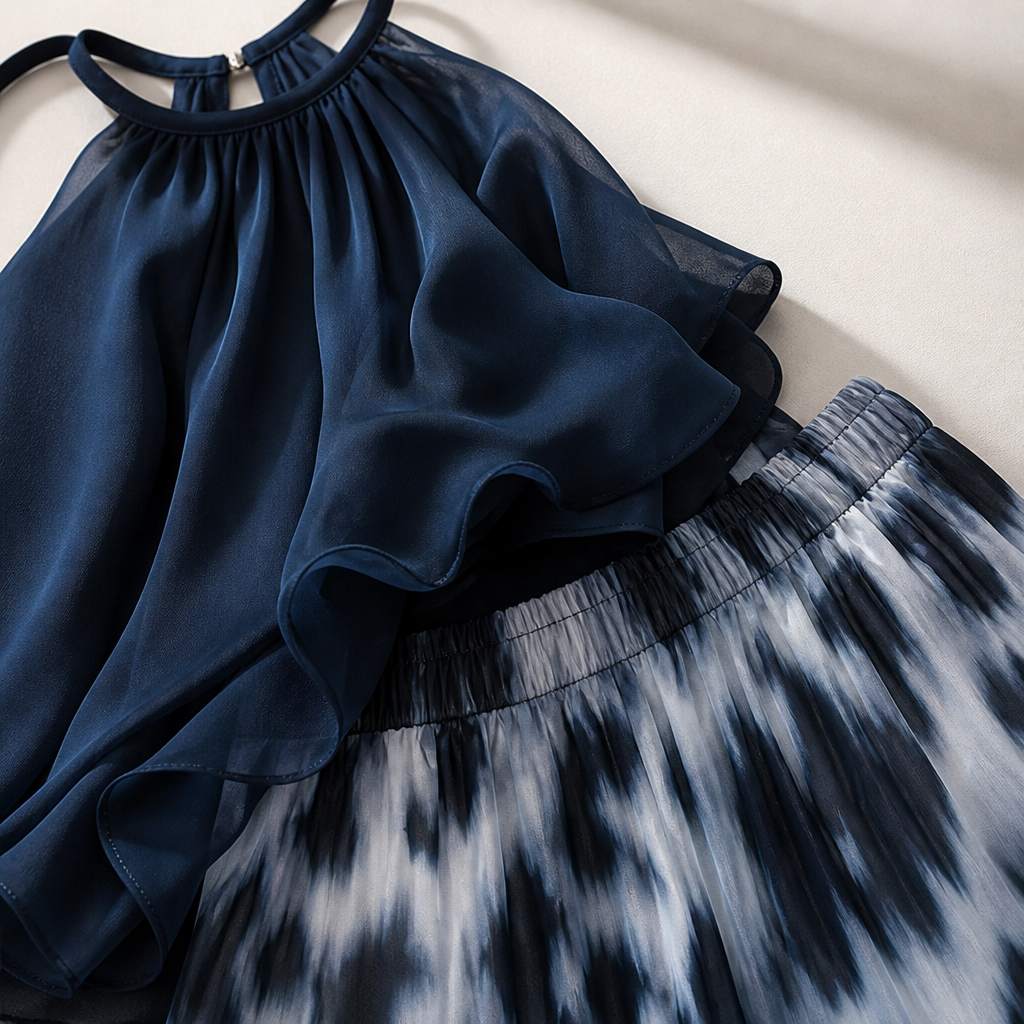 SolaraBreeze™ – Flowy Halter Ruffle Top & Wide-Leg Tie-Dye Pants Set