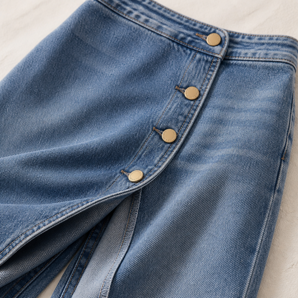 LumaCurve™ – Elegant Wide-Leg Jeans with Asymmetric Wrap-Front Overlay
