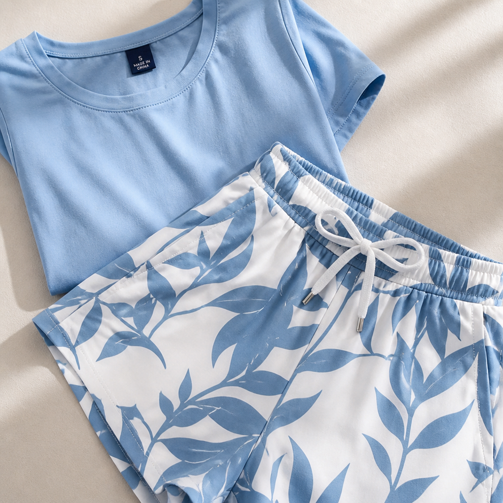 BellaLuxe™ – Breezy Botanical-Print Tee & Shorts Two-Piece Set