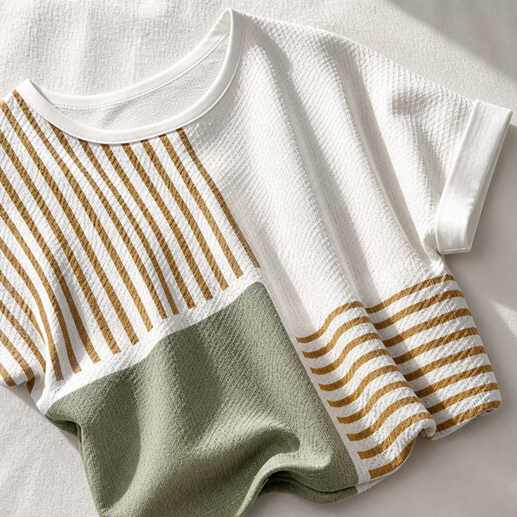 RadianceStripe™ – Relaxed Color-Block Tee with Striped Waffle Texture