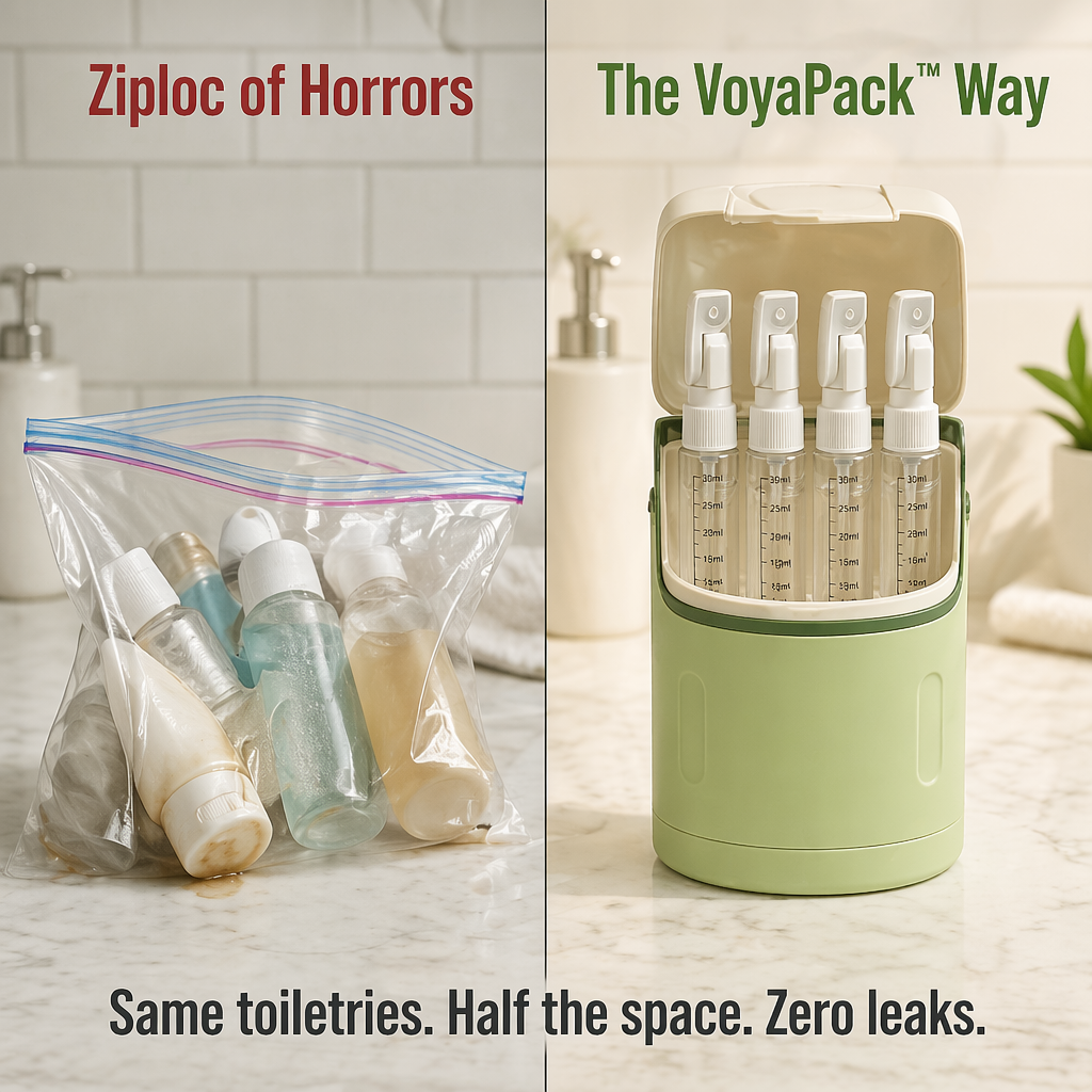 VoyaPack™ — Pack, Lock & Dispense All Four Toiletries From One Case