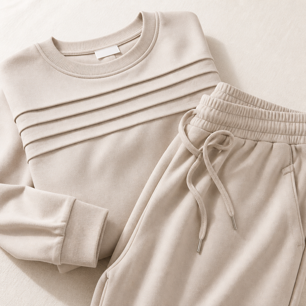 LuxeLoom™ – Relaxed Pleated Lounge Set with Wide-Leg Drawstring Pants