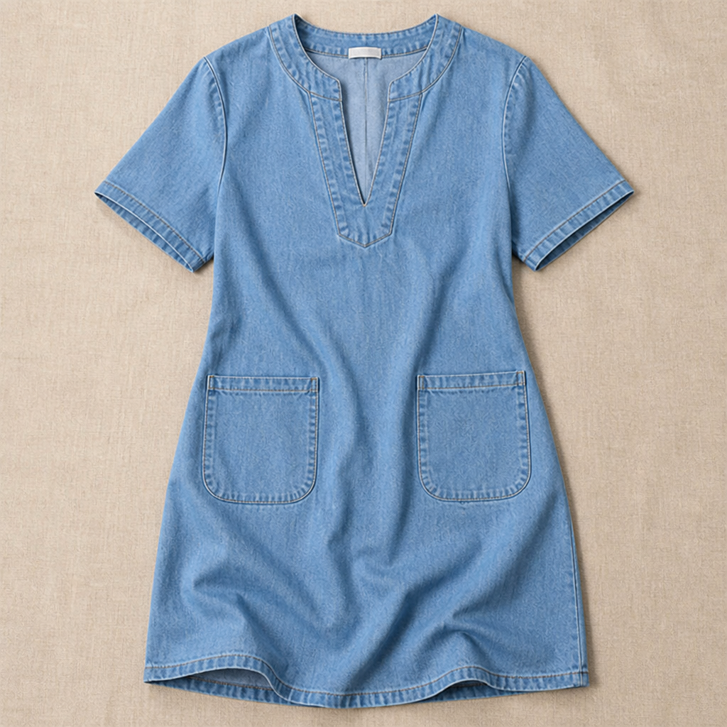 VarelaChic™ – Relaxed V-Neck Denim Shift Dress with Pockets
