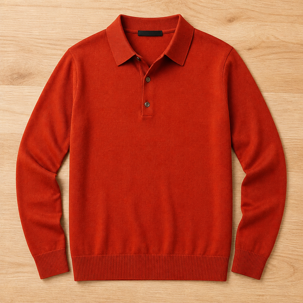 LuxeWave™ – Fine-Knit Long-Sleeve Polo with Three-Button Placket