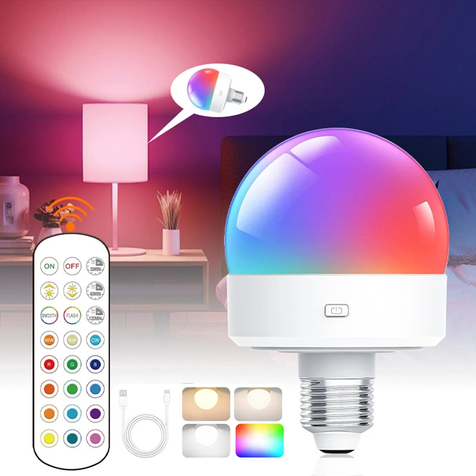Rechargeable E27 RGB LED Lamp with Remote Control – Wire-Free Setup