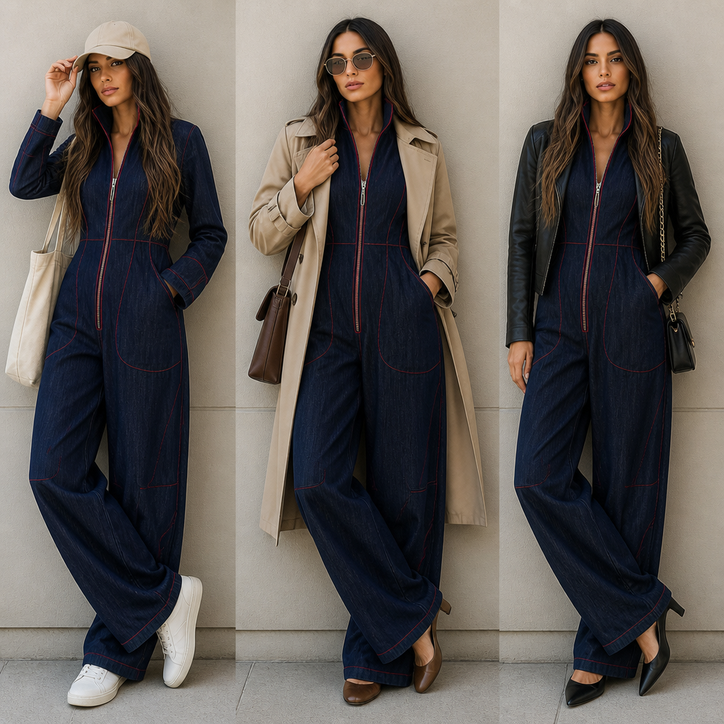 Velozia™ – Waist-Sculpting Wide-Leg Denim Jumpsuit with Zip Front