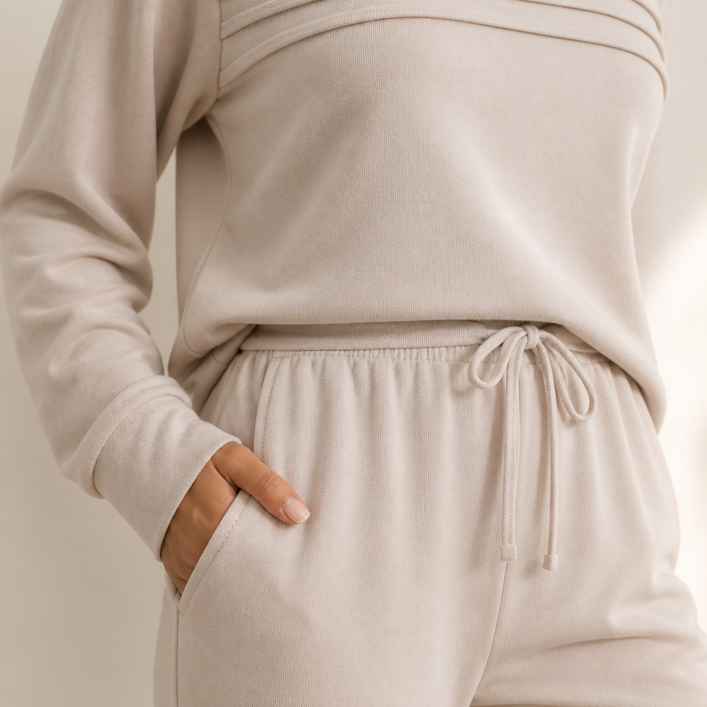 LuxeLoom™ – Relaxed Pleated Lounge Set with Wide-Leg Drawstring Pants