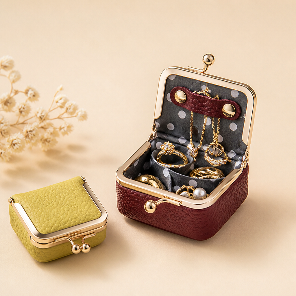 GlimmerGuard™ – Genuine Leather Mini Jewelry Case with Gold Kiss-Lock Clasp