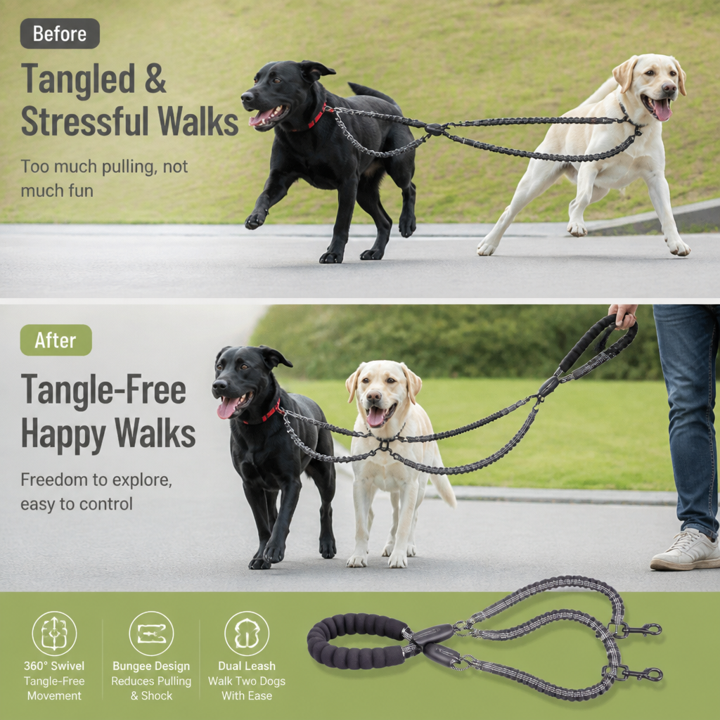 VersaTether™ — Effortless, Tangle-Free Control for Happier, Calmer Walks with Two Dogs