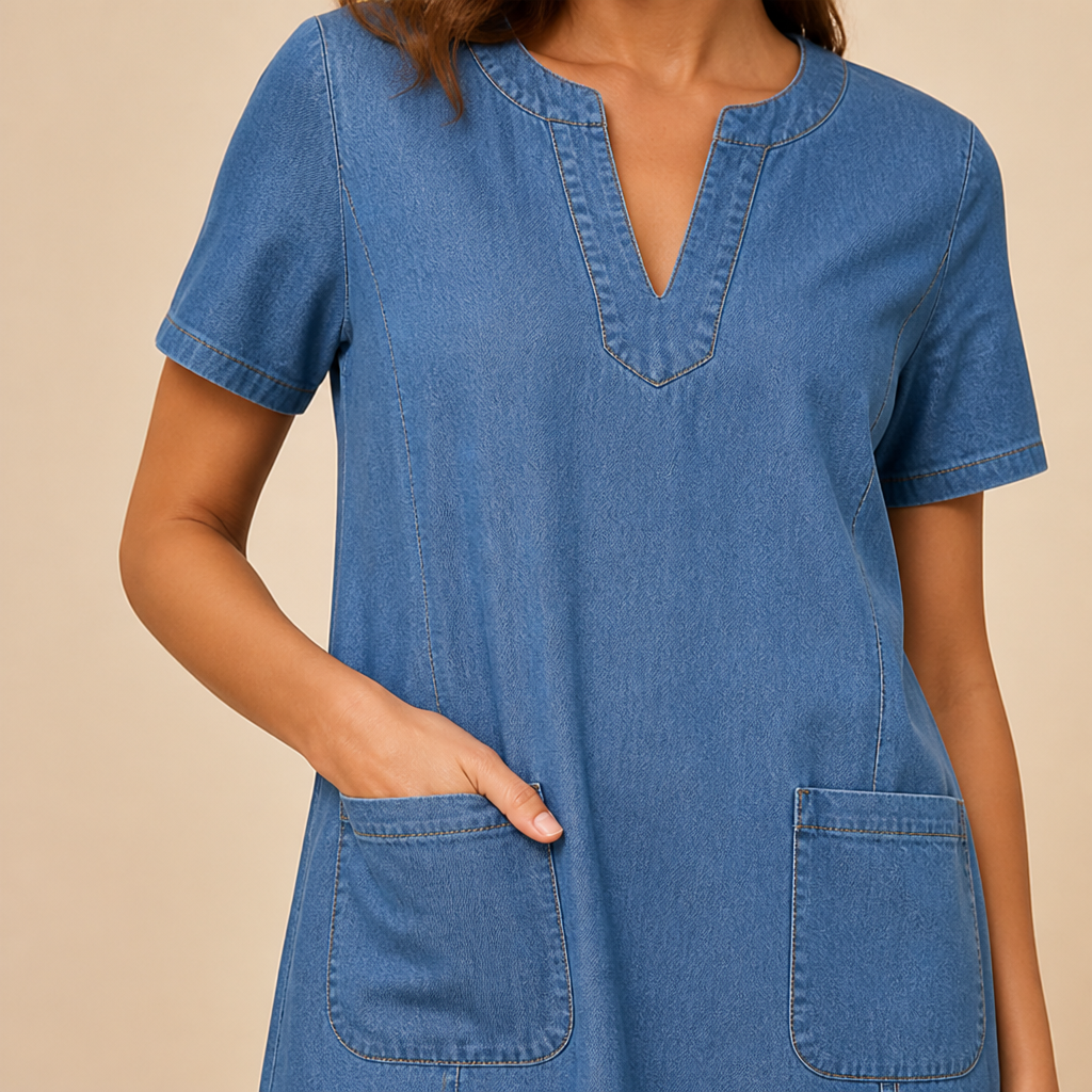 VarelaChic™ – Relaxed V-Neck Denim Shift Dress with Pockets
