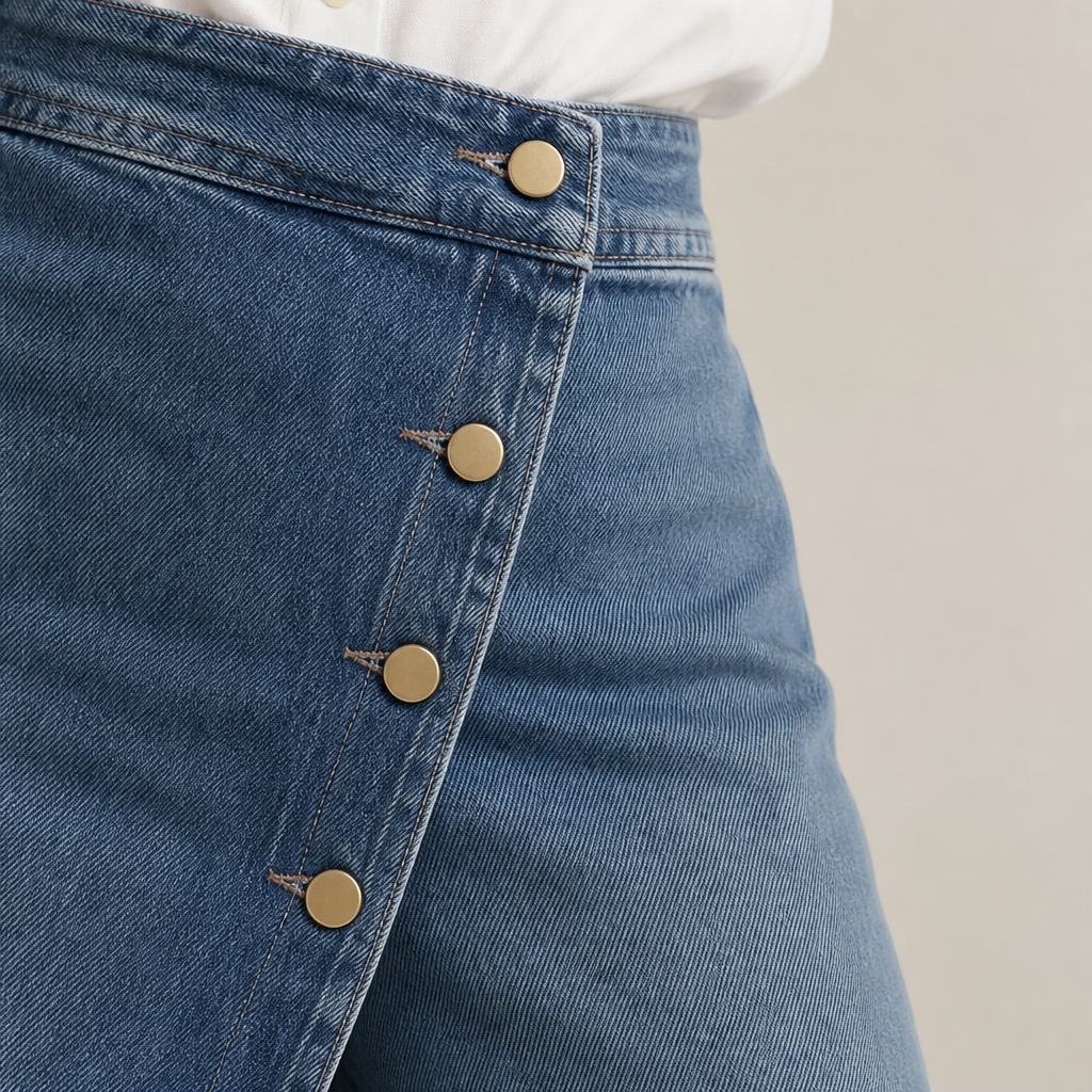 LumaCurve™ – Elegant Wide-Leg Jeans with Asymmetric Wrap-Front Overlay