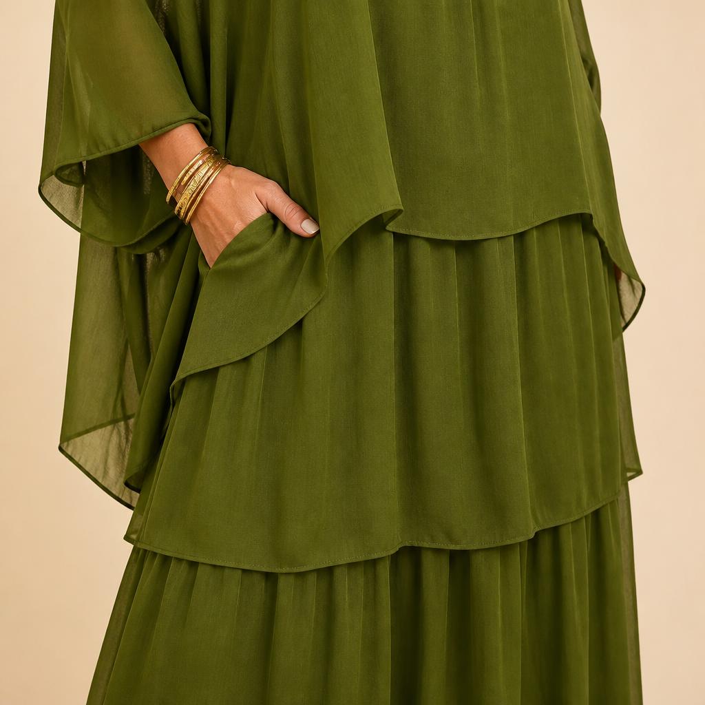 VeroLuxe™ – Flowy Tiered Maxi Dress with Cape Sleeves