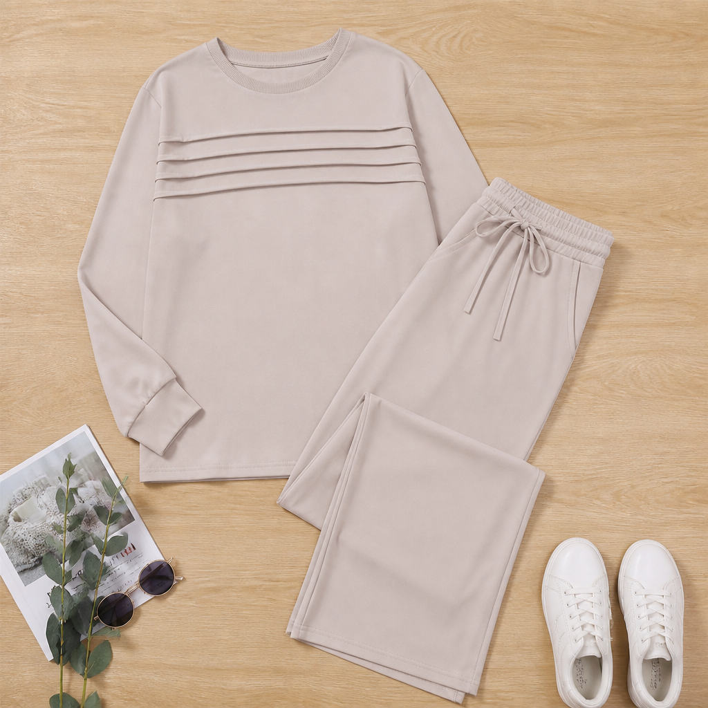 LuxeLoom™ – Relaxed Pleated Lounge Set with Wide-Leg Drawstring Pants