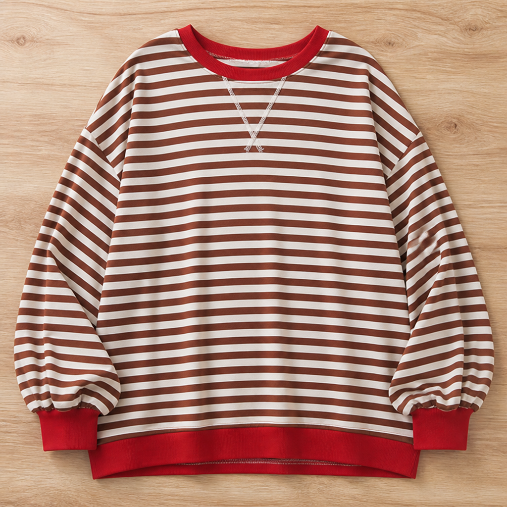 VeroLuxe™ – Relaxed Striped Crewneck Sweatshirt with Contrast Trim