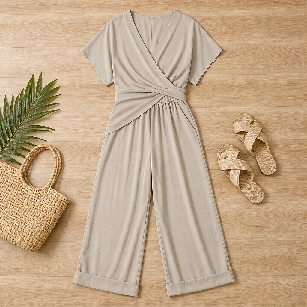 SolaraLuxe™ – Wrap-Front Wide-Leg Jumpsuit with Twist Waist
