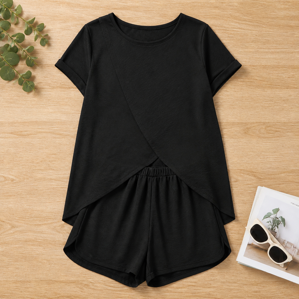 SolaraEase™ – Relaxed Tulip-Hem Top & Shorts Summer Set
