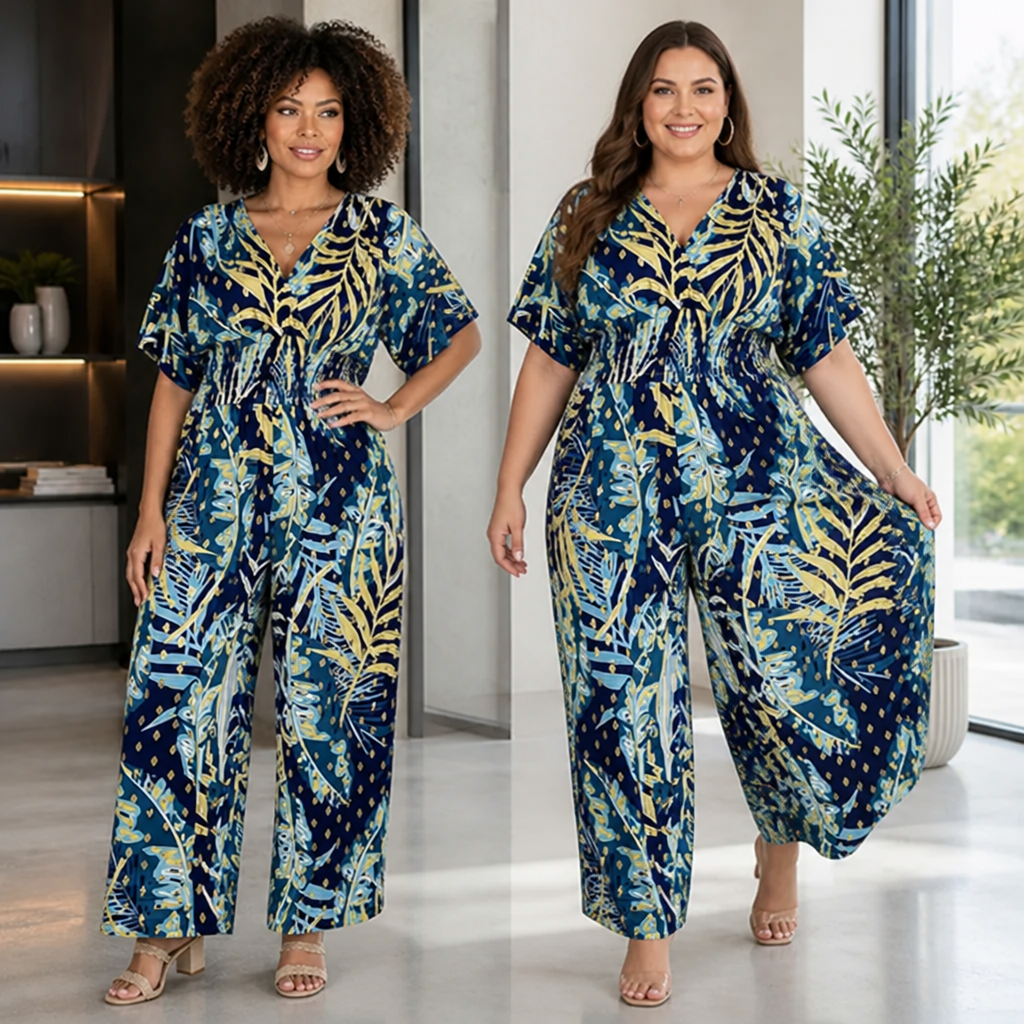 SolaraSilk™ Plus Size Leaf Print Bodysuit — Embrace Every Curve with Breathable, All-Day Confidence