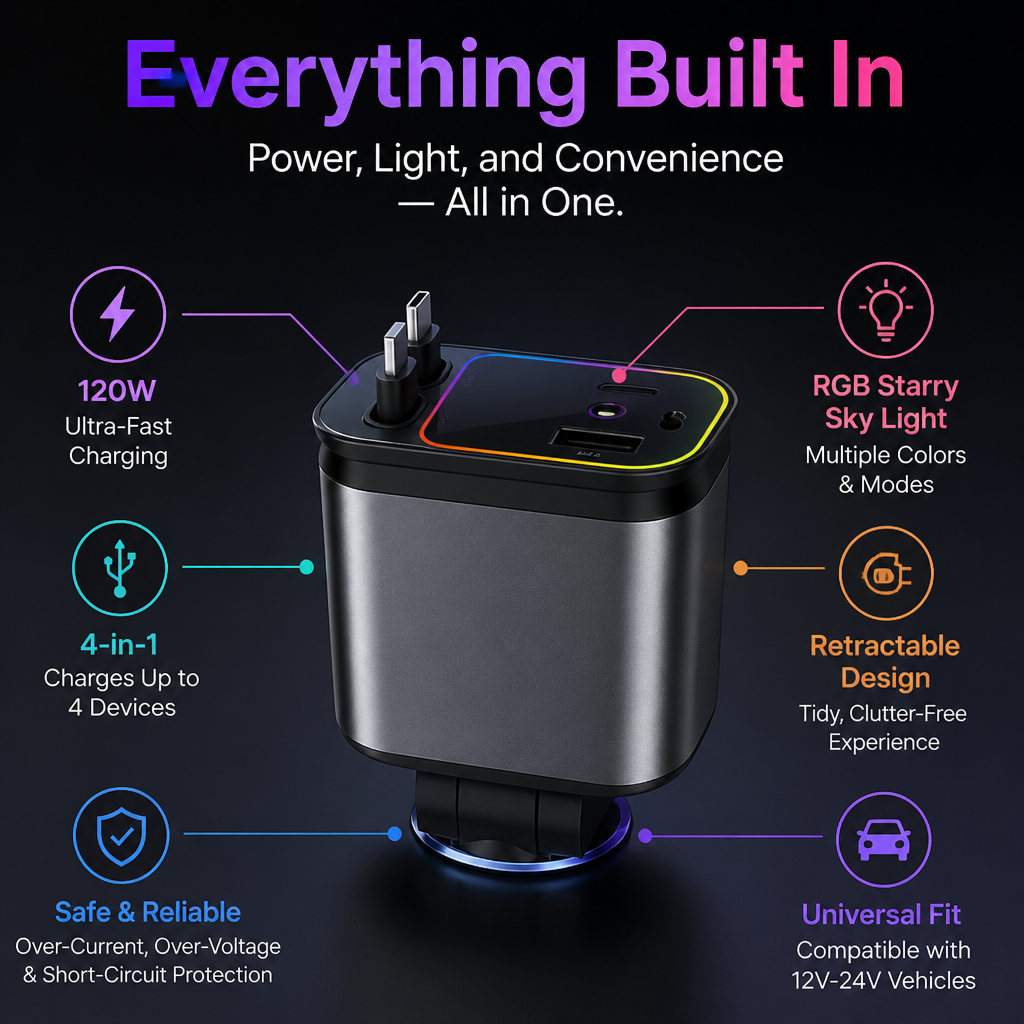 VoltAura™ 120W — Charge at Lightning Speed While Transforming Your Ride into a Stunning Starry Escape