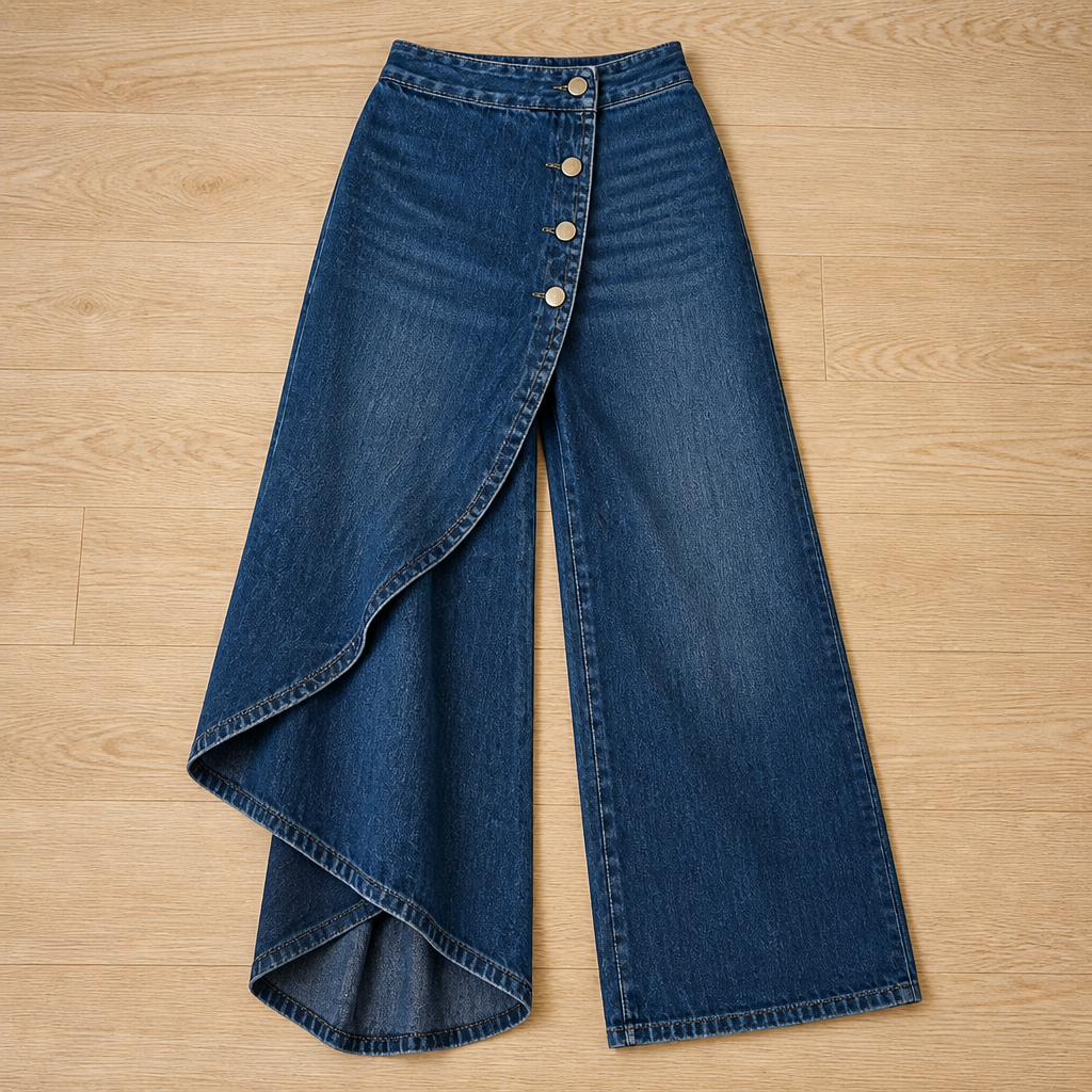 LumaCurve™ – Elegant Wide-Leg Jeans with Asymmetric Wrap-Front Overlay