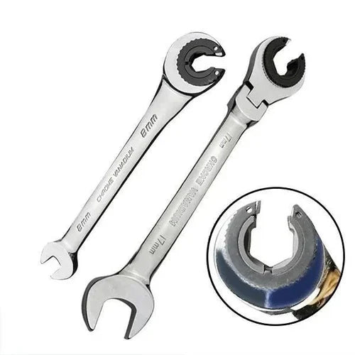 Ratchet wrench for open pipes (fixed head - flexible head 2 IN 1)
