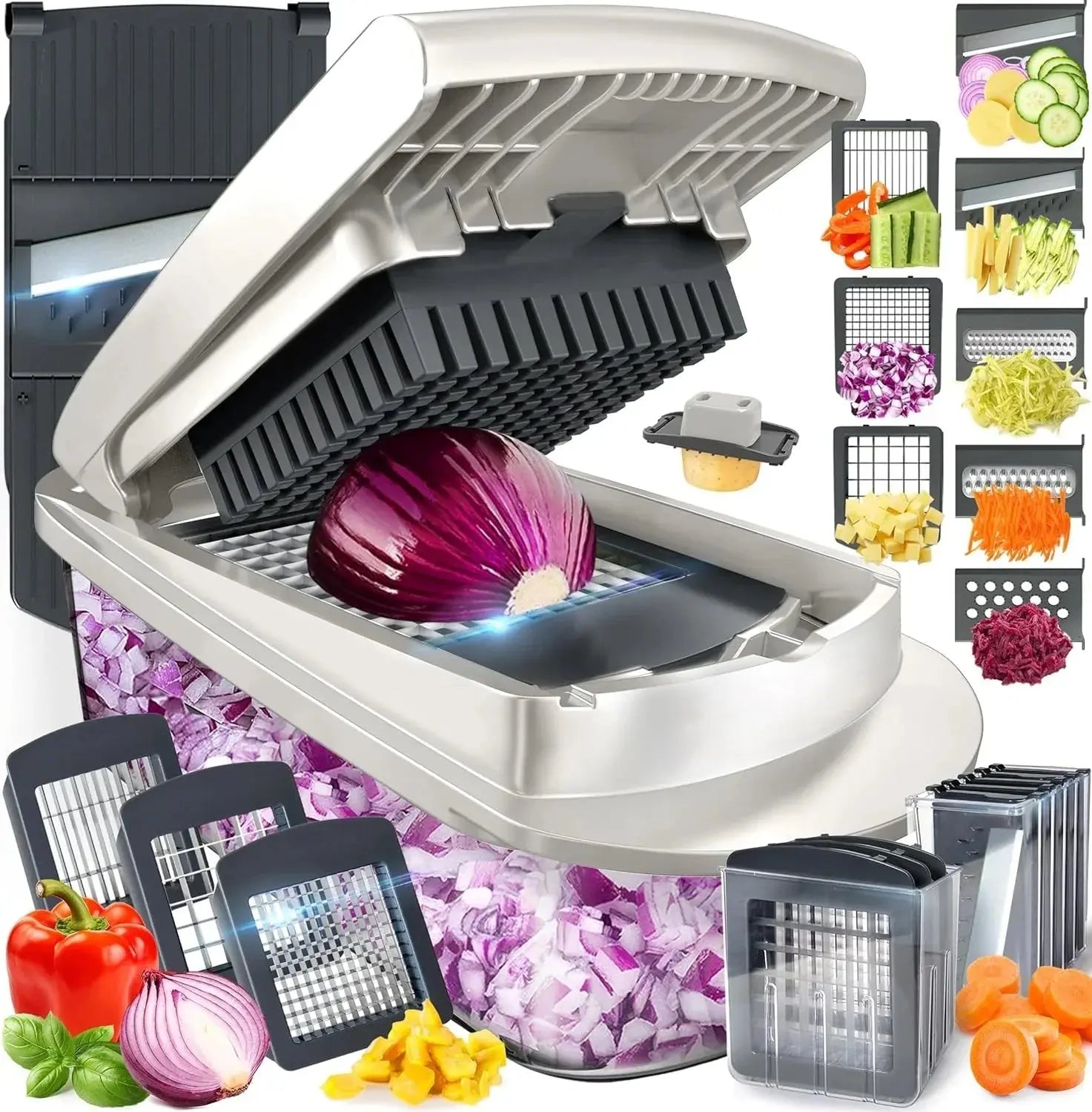 Vegetable Chopper | Dicing, Slicing, and Grating | Storage Container & Safety Holder | VegiCut