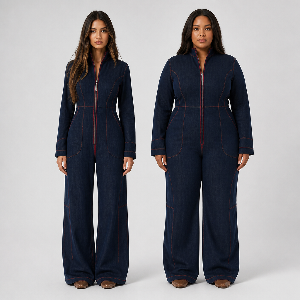 Velozia™ – Waist-Sculpting Wide-Leg Denim Jumpsuit with Zip Front