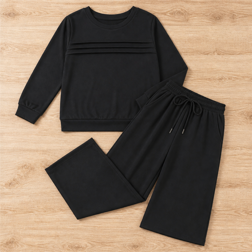 LuxeLoom™ – Relaxed Pleated Lounge Set with Wide-Leg Drawstring Pants