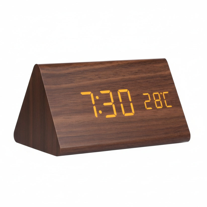 Wooden Look LED Alarm Clock with 3 Alarms & Temperature Display