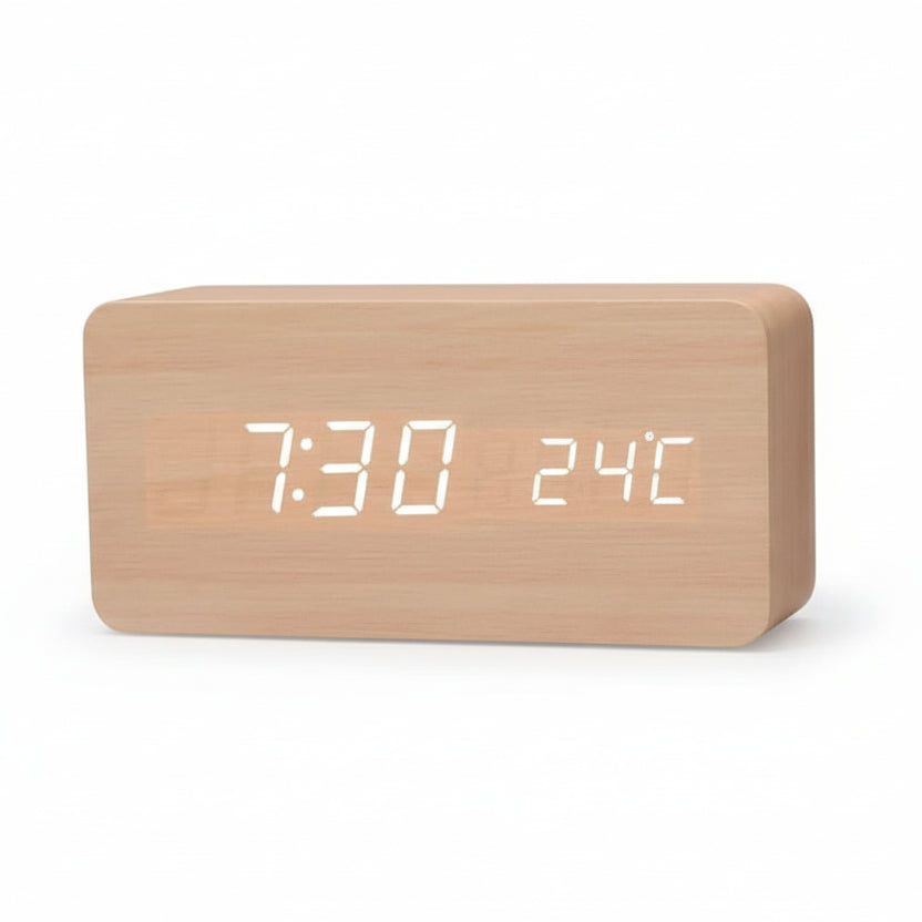 Wooden Look LED Alarm Clock with 3 Alarms & Temperature Display
