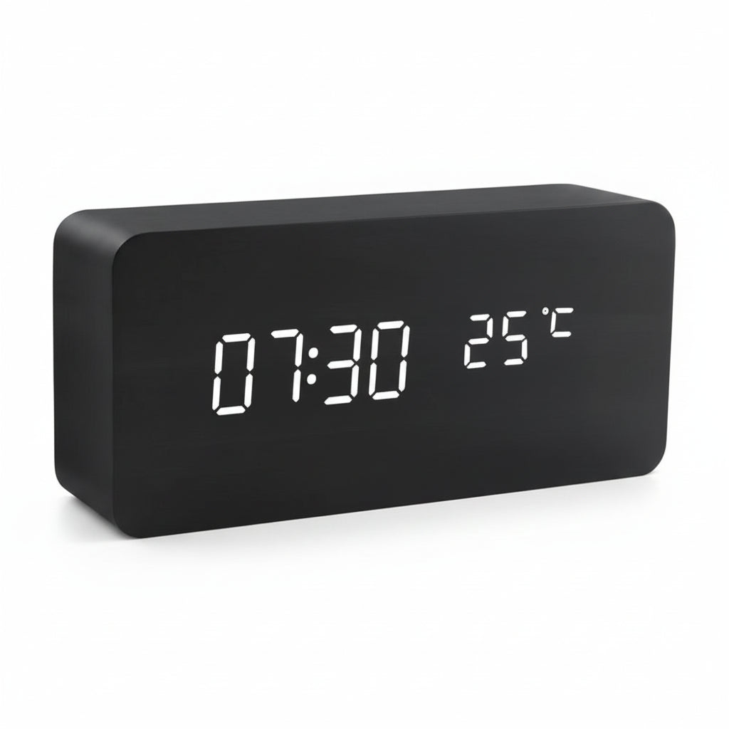 Wooden Look LED Alarm Clock with 3 Alarms & Temperature Display