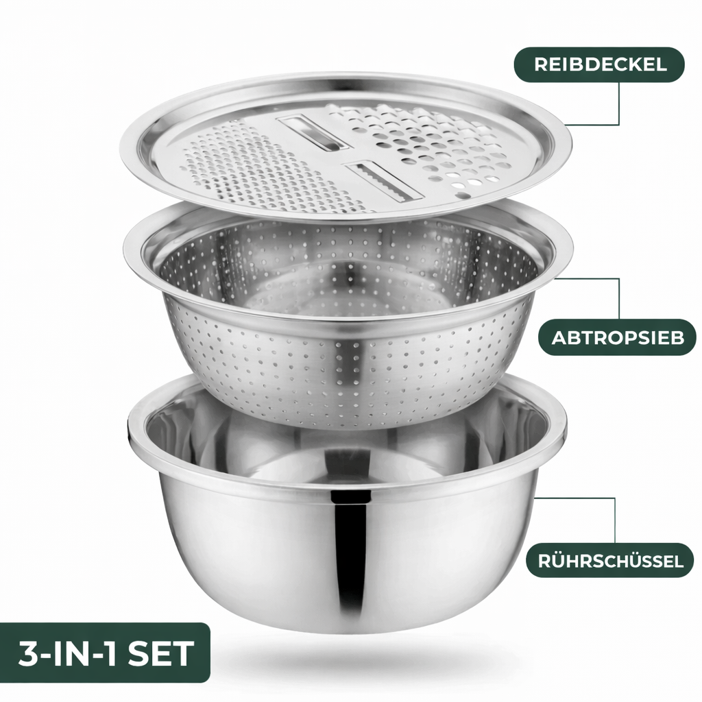 3-Piece Mixing Bowl Set in Stainless Steel with Grater and Sieve