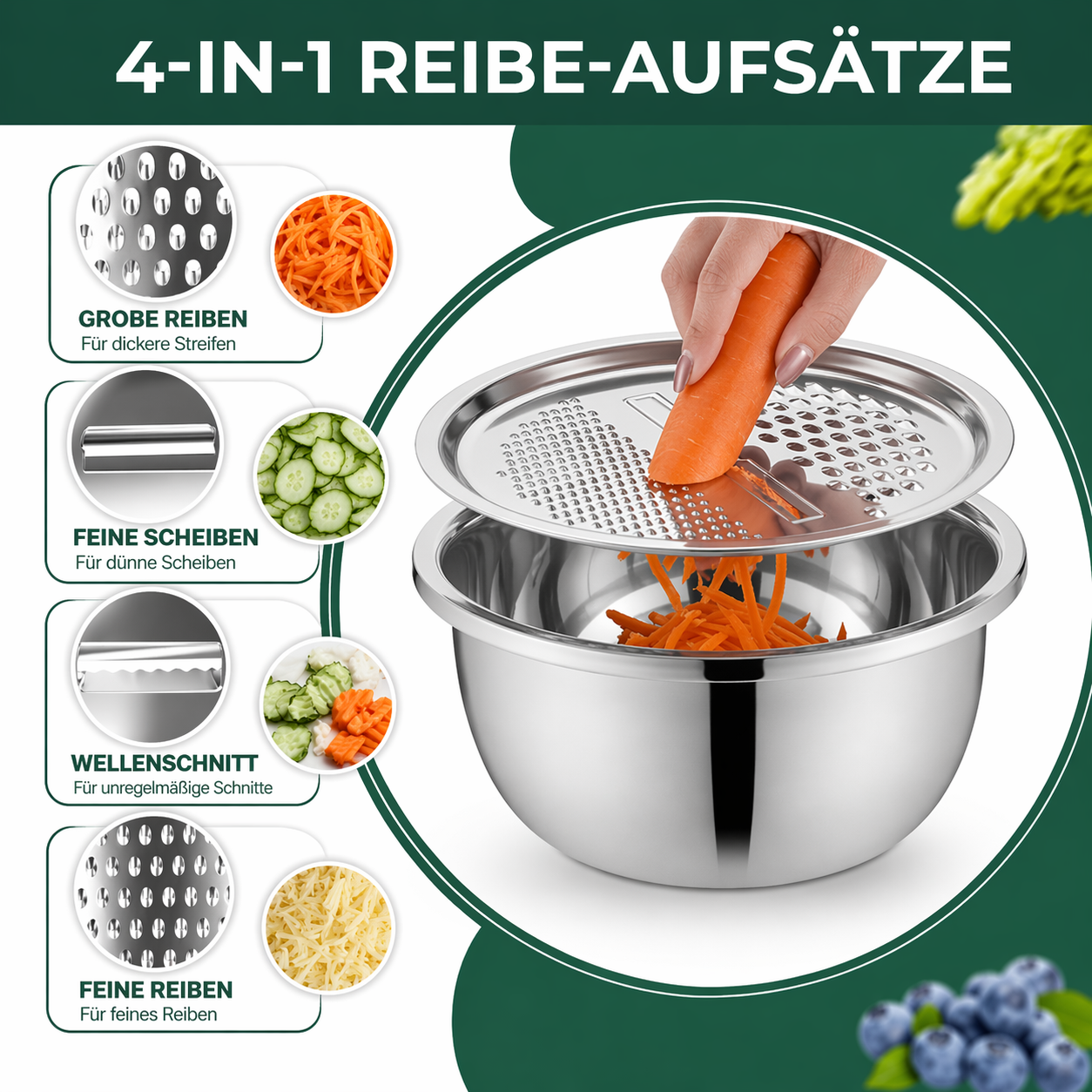 3-Piece Mixing Bowl Set in Stainless Steel with Grater and Sieve