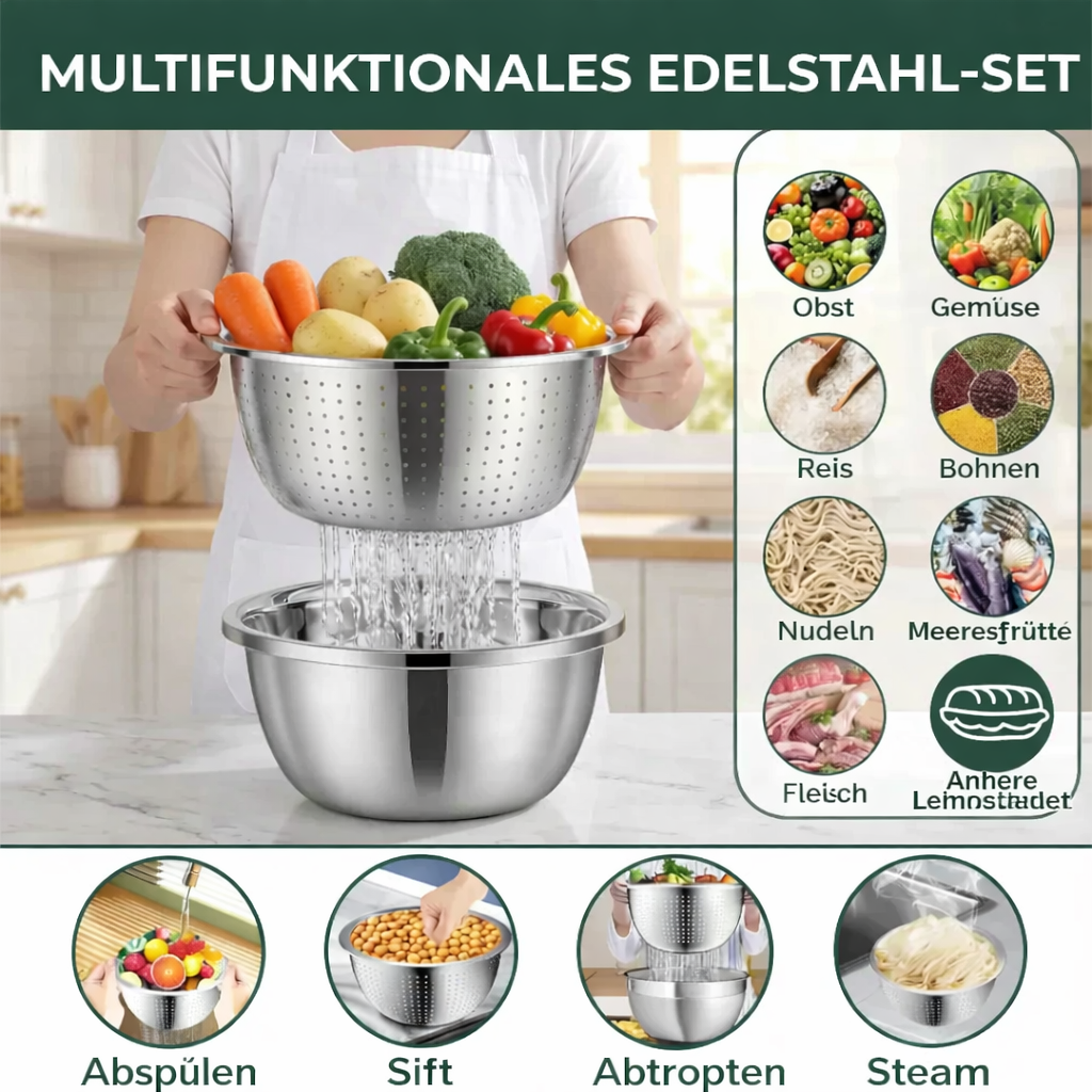 3-Piece Mixing Bowl Set in Stainless Steel with Grater and Sieve