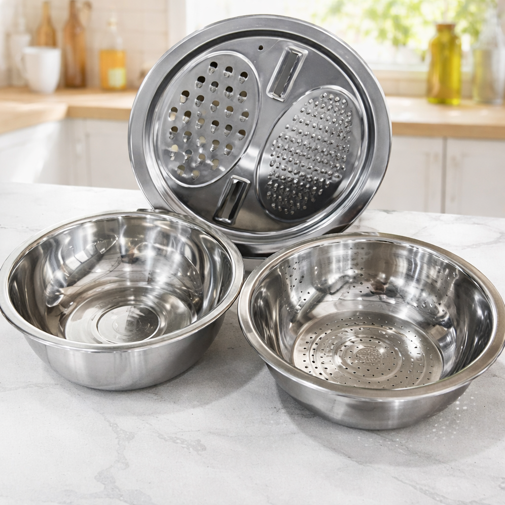 3-Piece Mixing Bowl Set in Stainless Steel with Grater and Sieve
