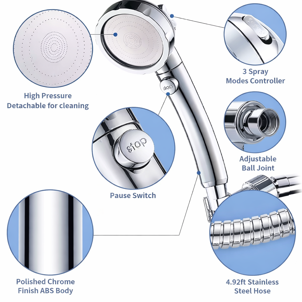3-in-1 Handheld Showerhead for Powerful Water Flow