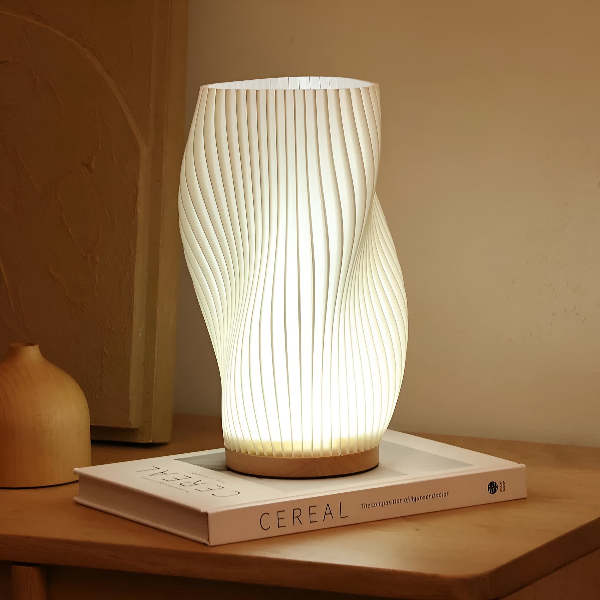 DreamWave - Modern cream-colored 3D wave lamp with elegant metal base