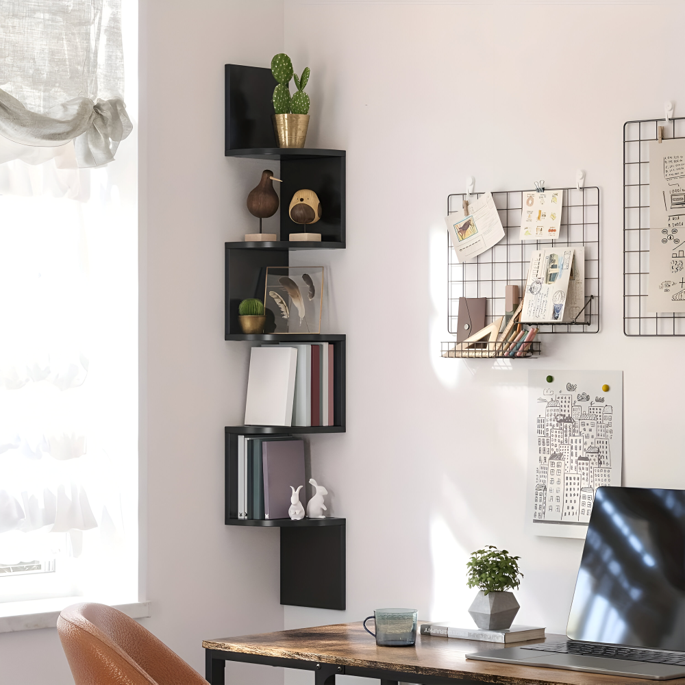 Corner Shelf 5 Tiers | Zigzag Style with Shelves | Space-Saving Corner Fit | CornerZig