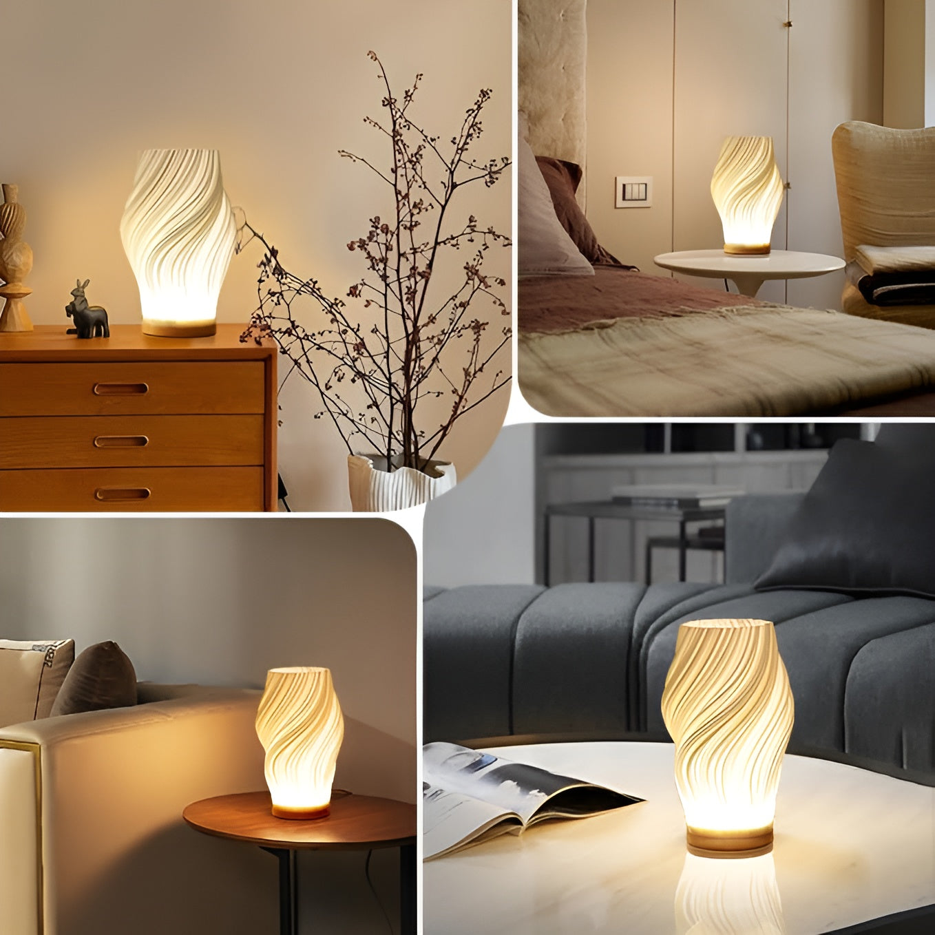 DreamWave - Modern cream-colored 3D wave lamp with elegant metal base