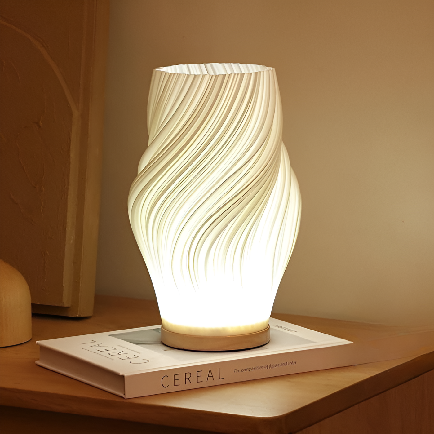 DreamWave - Modern cream-colored 3D wave lamp with elegant metal base