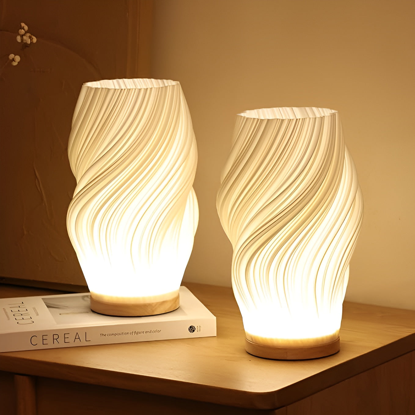 DreamWave - Modern cream-colored 3D wave lamp with elegant metal base