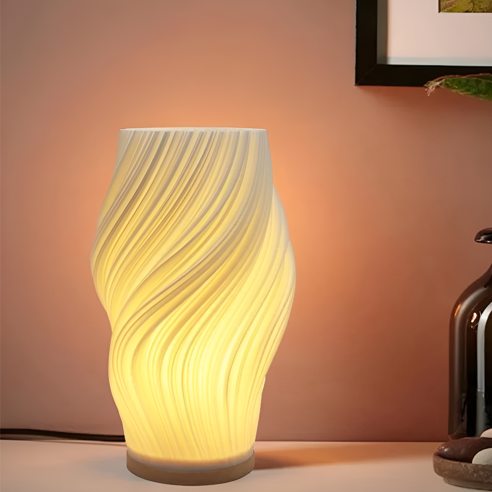 DreamWave - Modern cream-colored 3D wave lamp with elegant metal base