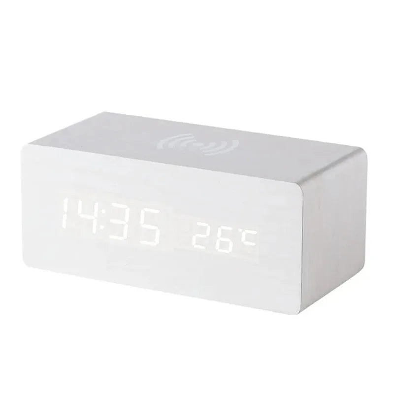 Wooden Alarm Clock with LED Display, Date and Temperature Features