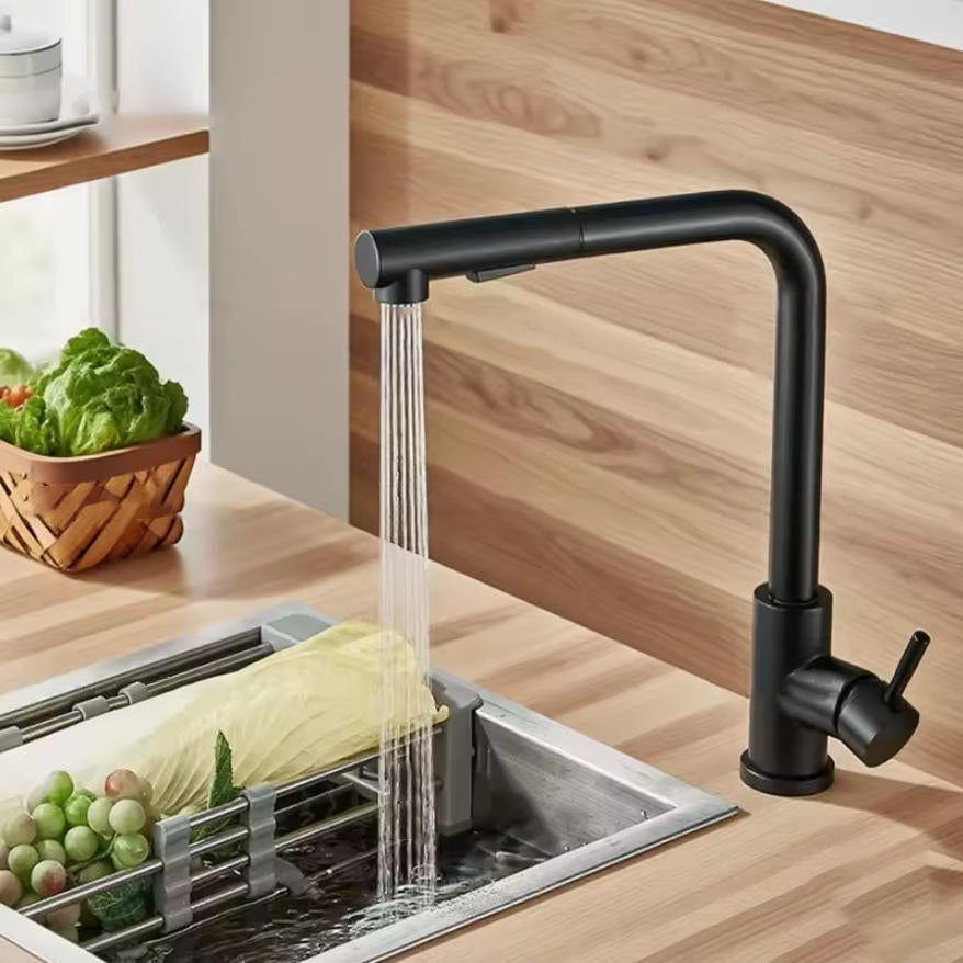 Stainless Steel Kitchen Faucet with Dual Spray Mode - Black Pull-Out